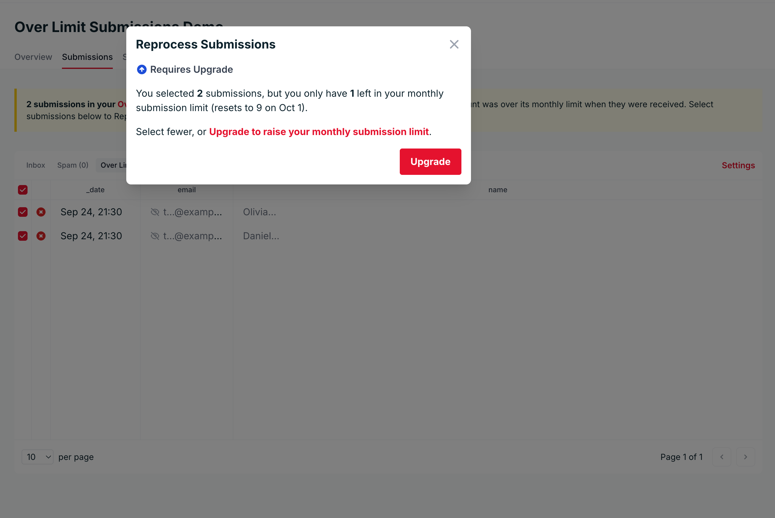 The Reprocess Submissions dialog shown when the selection exceeds the remaining monthly limit