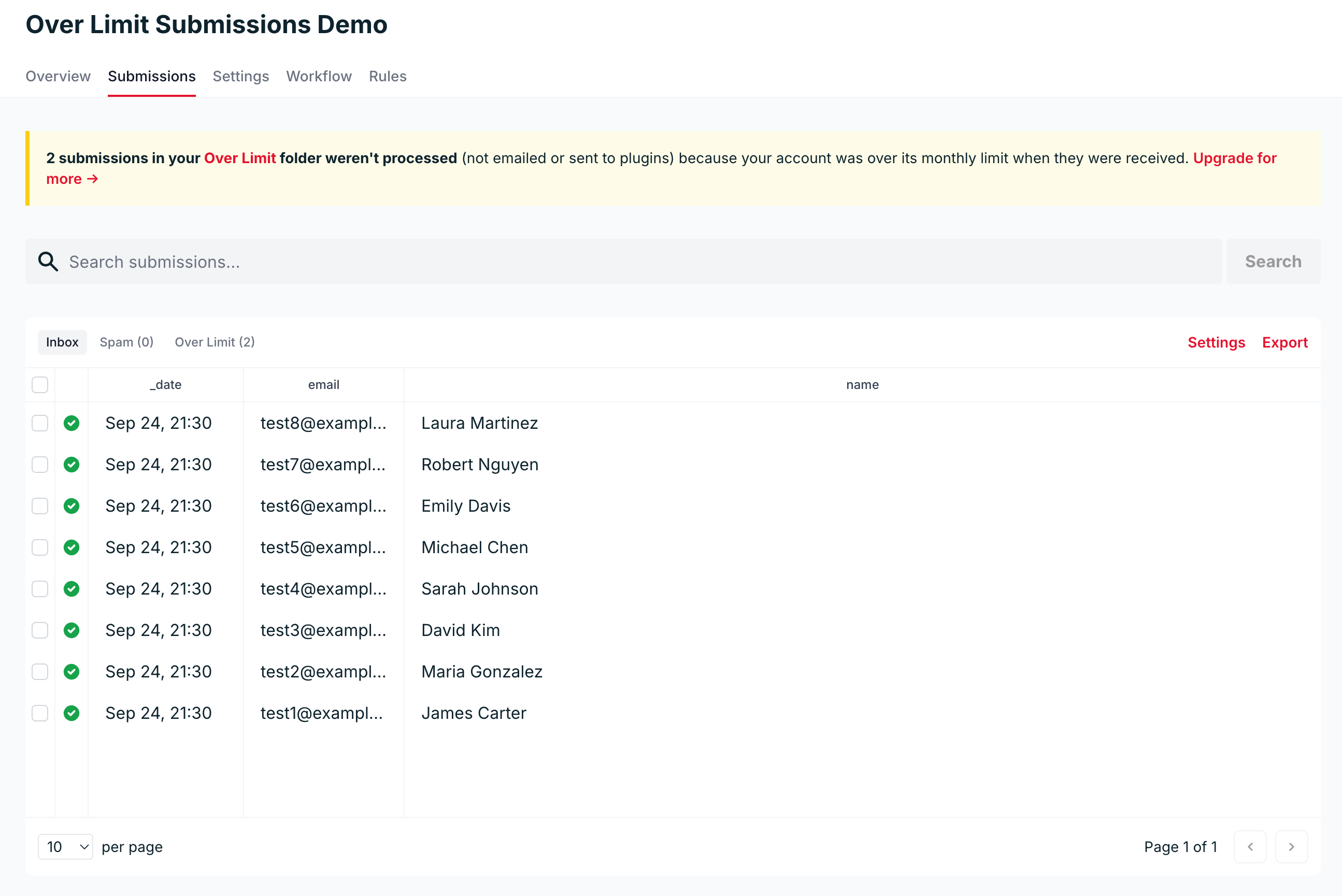 The Submissions tab with the over-limit banner and the Over Limit folder next to Inbox and Spam