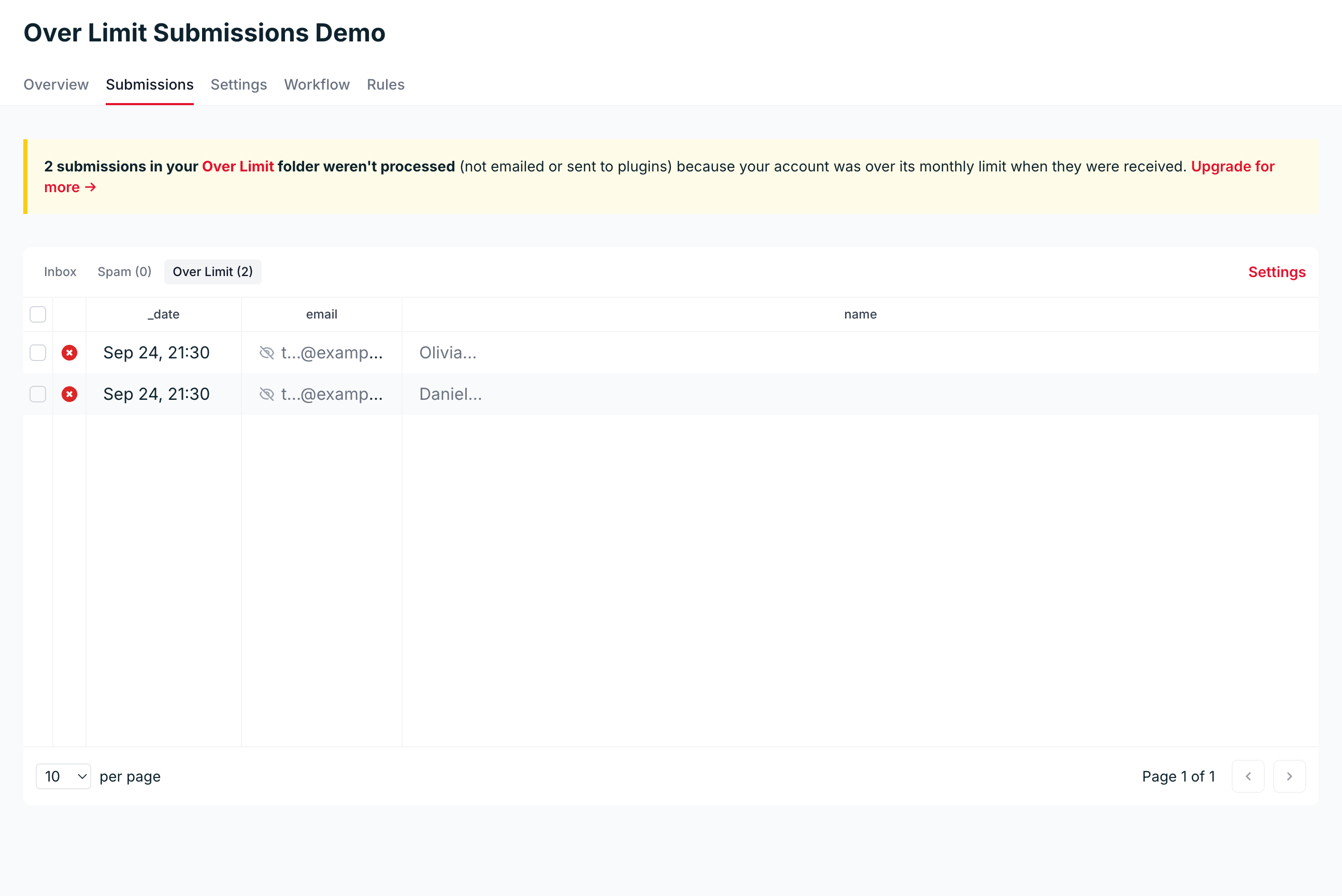 The Over Limit folder showing masked email addresses and truncated field previews