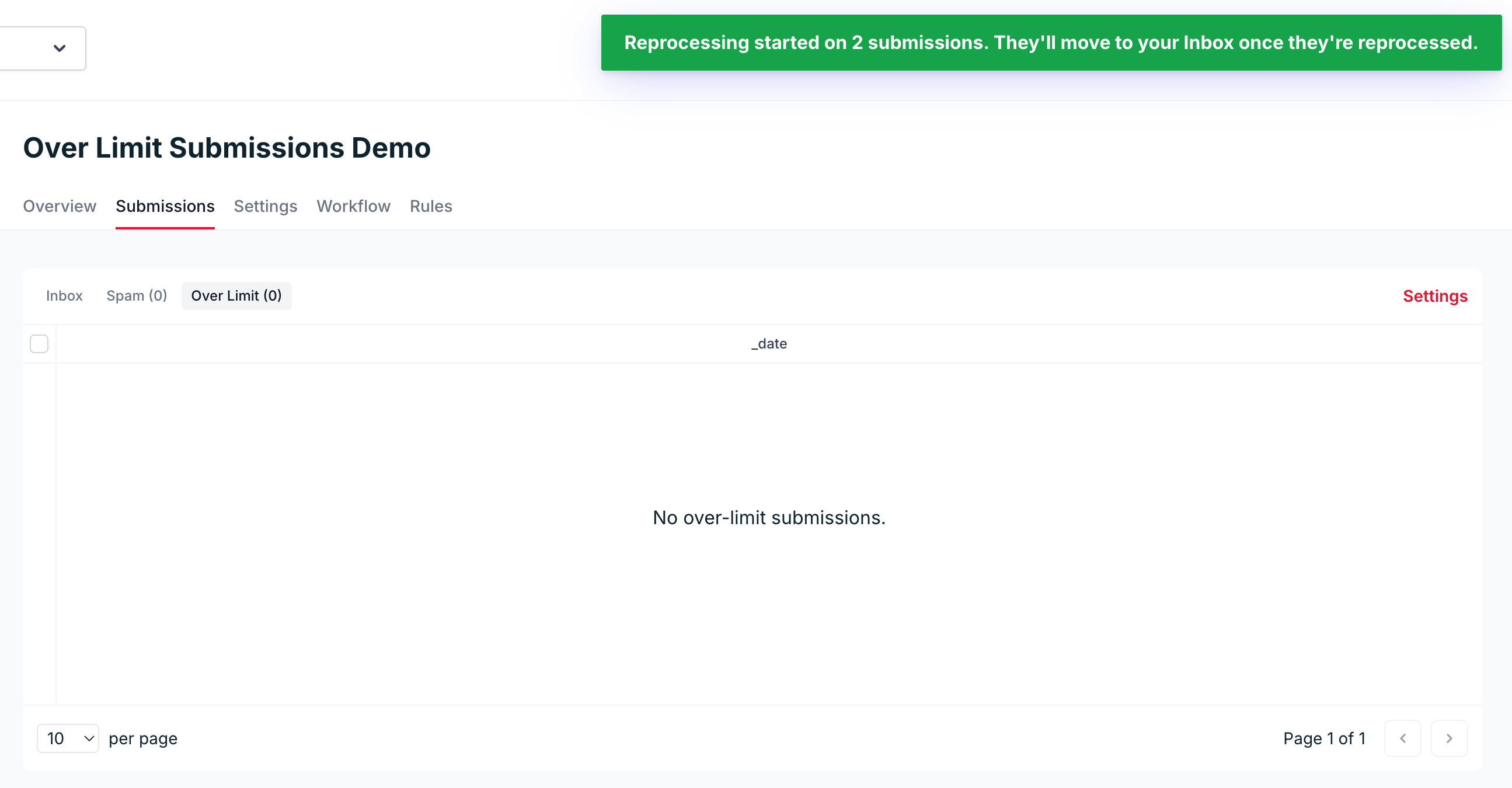 Confirmation that reprocessing started, with the Over Limit folder now empty