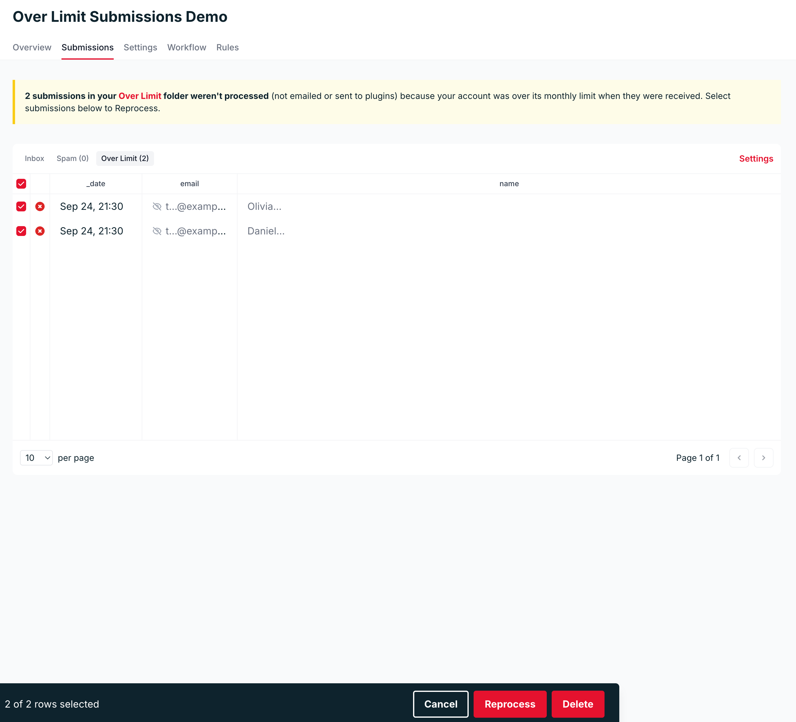 Two selected submissions in the Over Limit folder with the Reprocess and Delete buttons