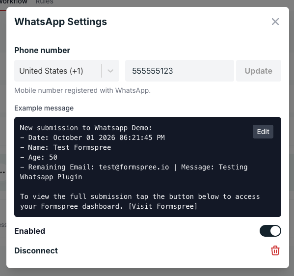 WhatsApp Settings modal with the example message preview rendered using a real submission's data