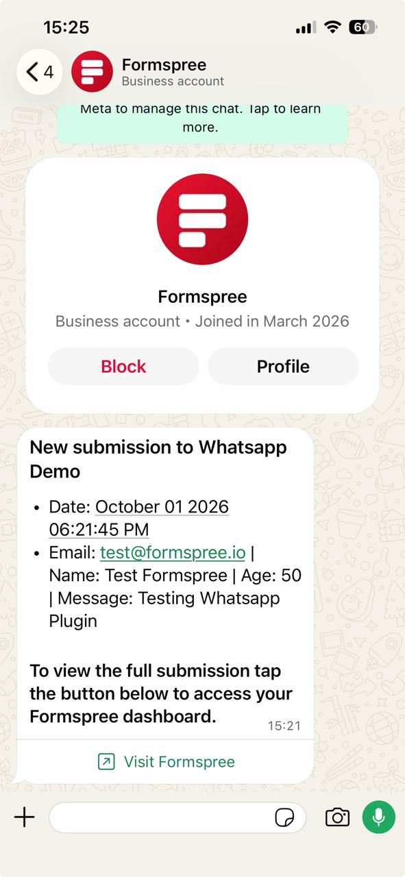 Example WhatsApp notification message with submission details and a Visit Formspree button