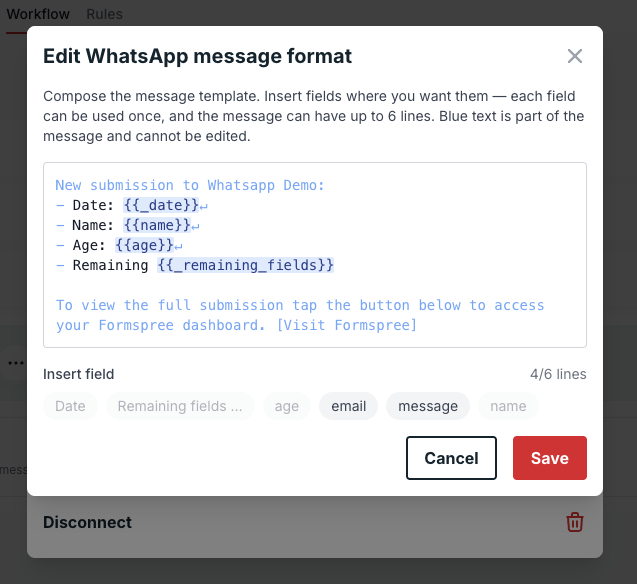 Edit WhatsApp message format modal with the message template and Insert field buttons