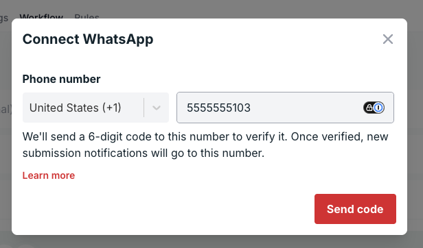 Connect WhatsApp modal with country and phone number fields and the Send code button