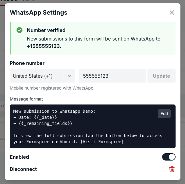 WhatsApp Settings modal showing the Number verified confirmation and the message format preview