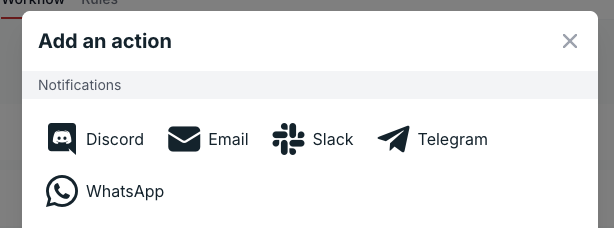 Add an action popup on the Workflow tab, with WhatsApp listed under Notifications