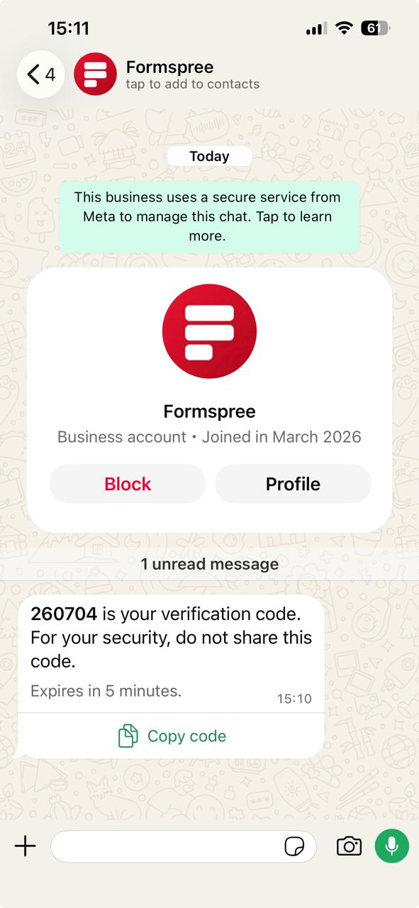 WhatsApp message containing the 6-digit verification code