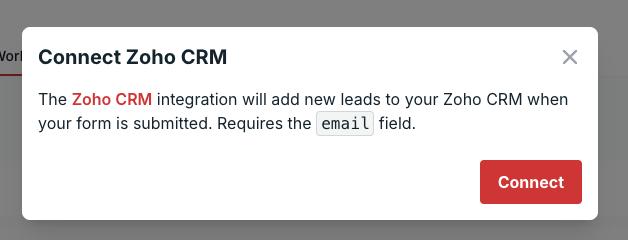 The Connect Zoho CRM modal with the Connect button