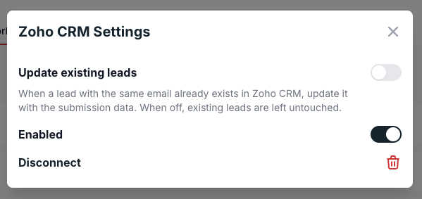 The Zoho CRM Settings modal with the Update existing leads, Enabled, and Disconnect controls
