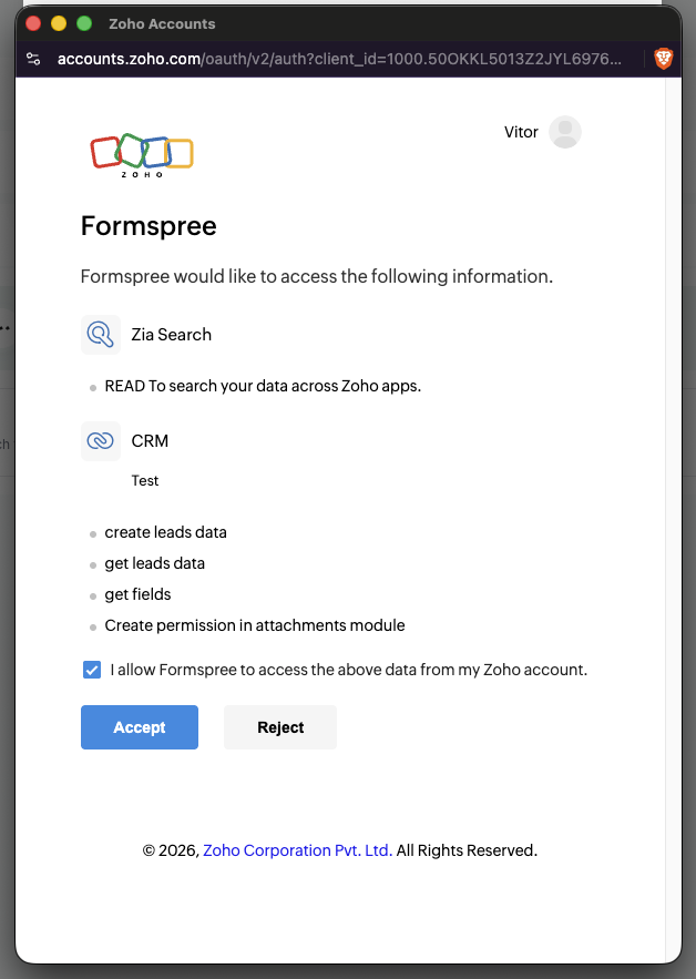 Zoho's consent screen listing the requested CRM permissions